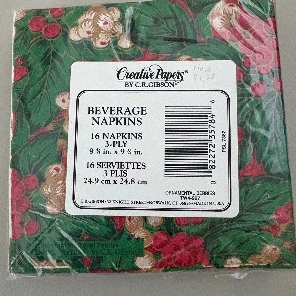 Creative Papers C.R. Gibson Ornamental‎ Berries Beverage Napkins 16ct TW4-927